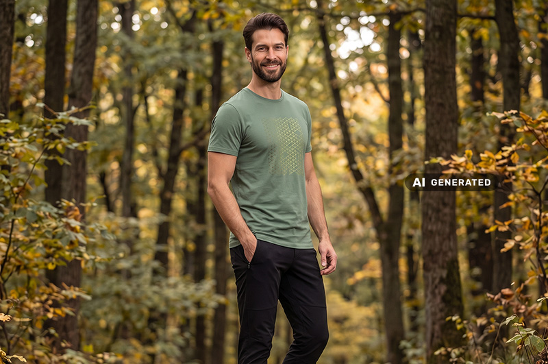 Person wearing a green T-shirt and dark pants standing on a forest path surrounded by tall trees. The setting features dense woodland vegetation and autumn-colored foliage.
