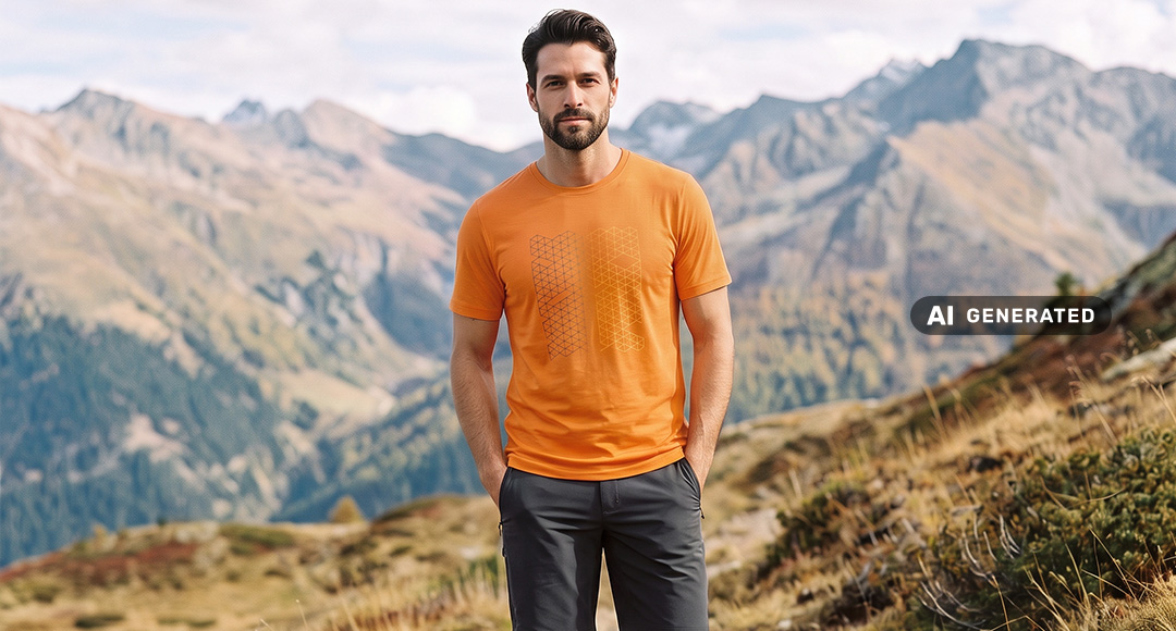 Person wearing an orange T-shirt and dark outdoor pants standing on a mountain trail with a panoramic alpine landscape in the background. Rocky peaks, mountain slopes, and alpine vegetation are visible behind.