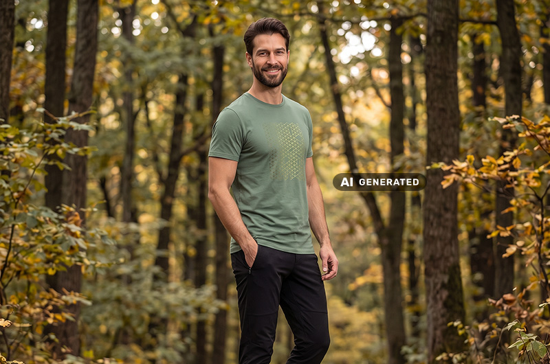 Person in grünem T-Shirt und dunkler Hose steht auf einem Waldweg zwischen hohen Bäumen. Die Umgebung ist von dichter Vegetation und herbstlich gefärbtem Laub geprägt.