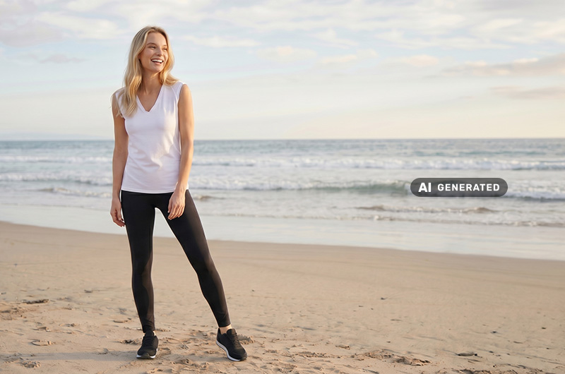 Person wearing a white sleeveless top, dark leggings, and athletic shoes standing on a sandy beach by the ocean. Waves, the horizon, and a bright sky are visible in the background.