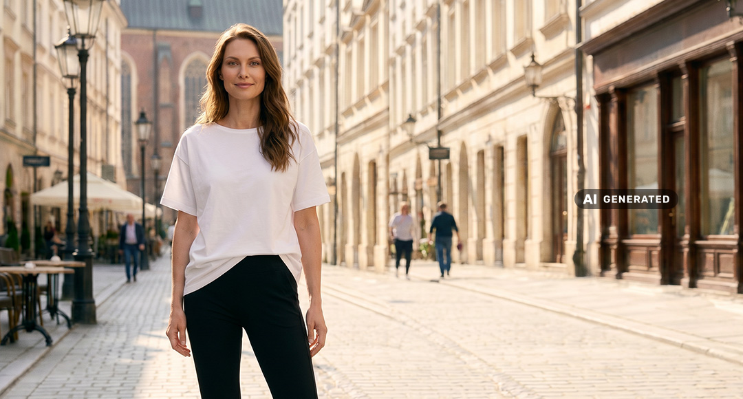 Person wearing a white T-shirt and dark pants standing on a cobblestone street in a historic city center. Multi-story buildings with classic facades, street lamps, and a few pedestrians are visible in the background.