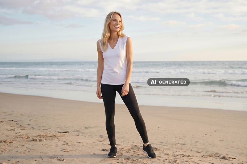Person in weißem ärmellosem Oberteil, dunklen Leggings und Sportschuhen steht am Sandstrand vor dem Meer. Im Hintergrund sind Wellen, Horizont und ein heller Himmel zu sehen.